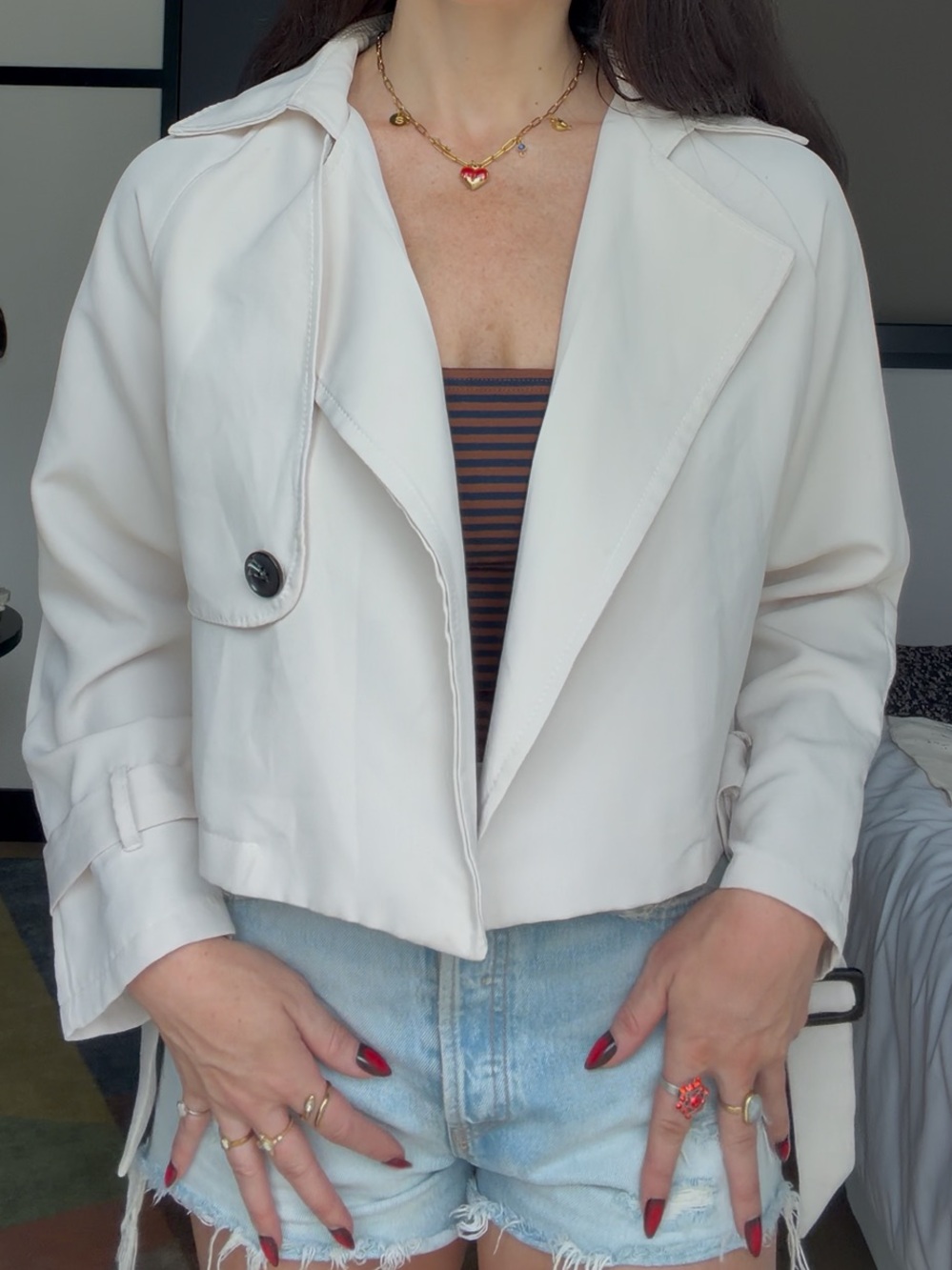 Classic Cream Cropped Trench Style Jacket - women’s size S/M